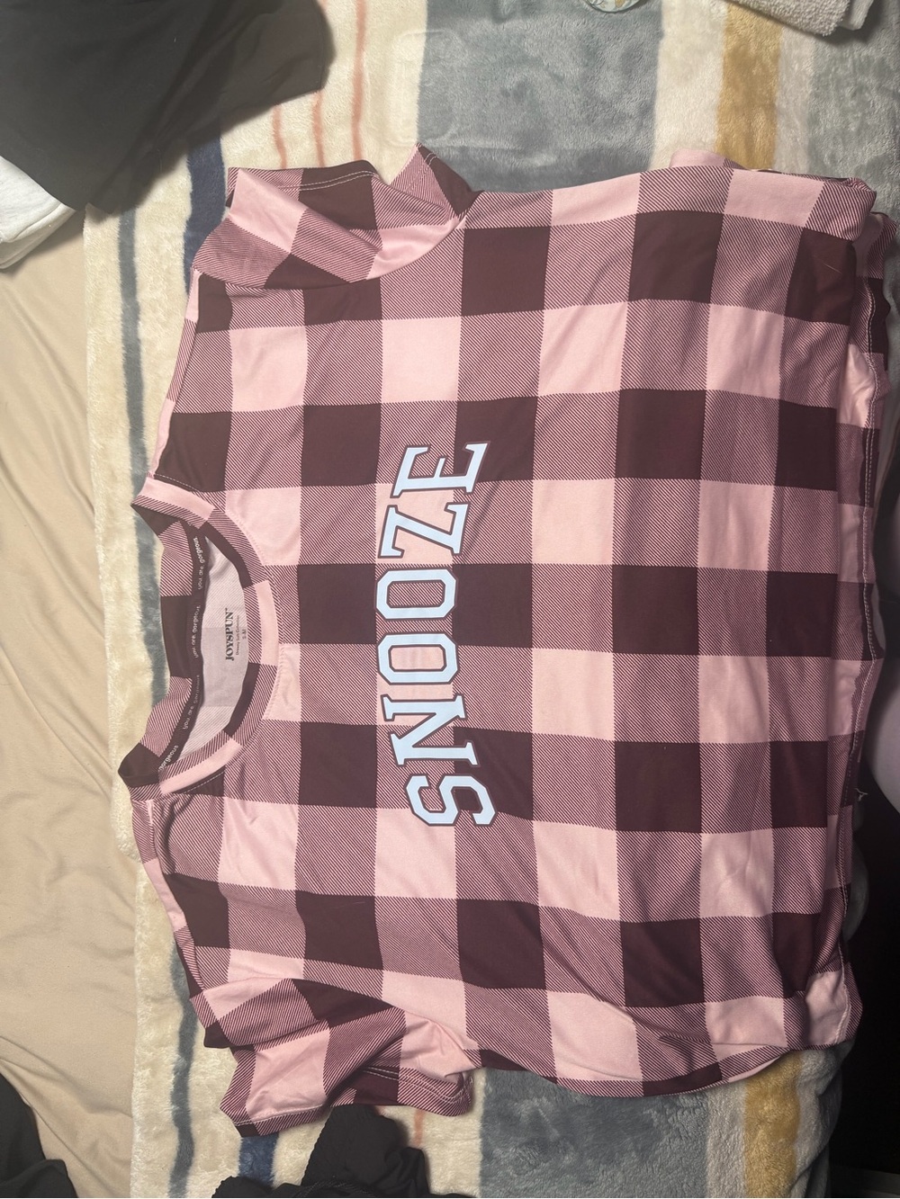 Girls' Pink Plaid 'SNOOZE' Short Sleeve Pajama Top